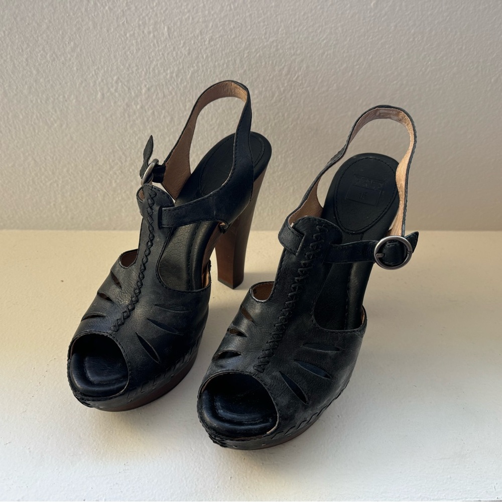 Frye Fran x Stitch Black Leather Wooden Heel Peep Toe Platform Sandals